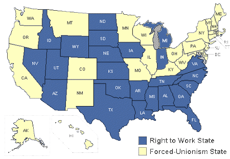 파란색 = 자동 노조 회원비 납부를 금지한 주 (Right to Work State), 노란색 = 자동 노조 회원비 납부가 법인 주 (Forced-Unionsim States)