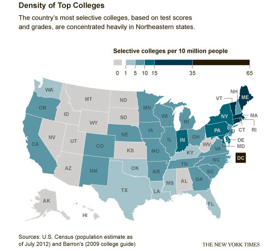 인구 천만명당 유수대학(Selective Colleges) 수. 출처: NYT