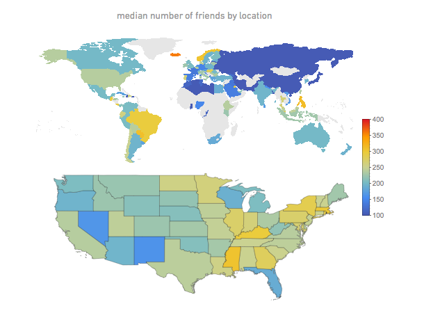 사용자의 거주 지역에 따른 평균 친구 수. 