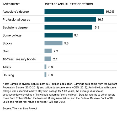 교육과 전통적인 투자 종목 사이의 수익률 비교. 출처: NYT