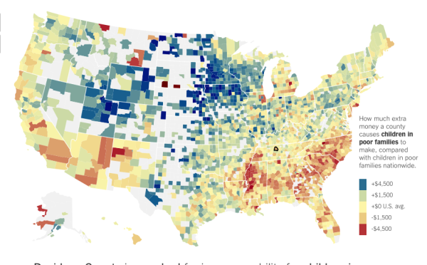 저소득층 자녀가 버는 미국 전체 소득에 비해서 각 카운티에 거주하는 저소득층 자녀의 소득 수준. 파란색일수록 높은 소득, 빨간색일수록 낮은 소득을 의미.